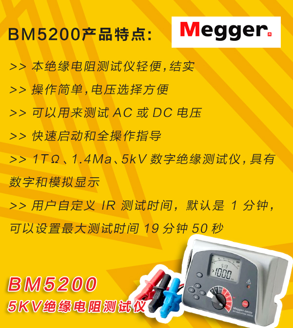 MEGGER,<a href='http://swschina.com/tongyi.html'>絕緣電阻</a>測試儀,BM5200